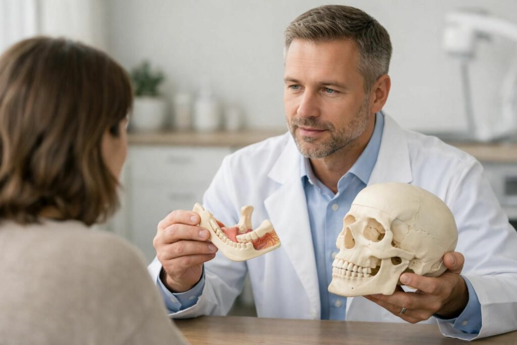 Dentiste expliquant l'anatomie de la mâchoire avec un modèle à un patient