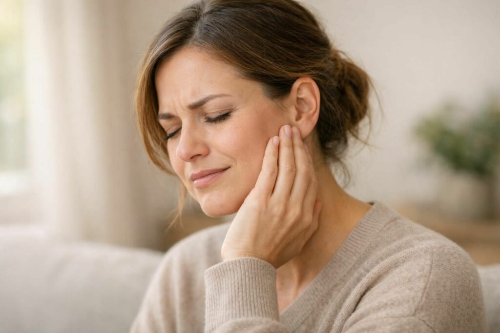 Personne portant la main à sa mâchoire près de l'oreille, douleur légère