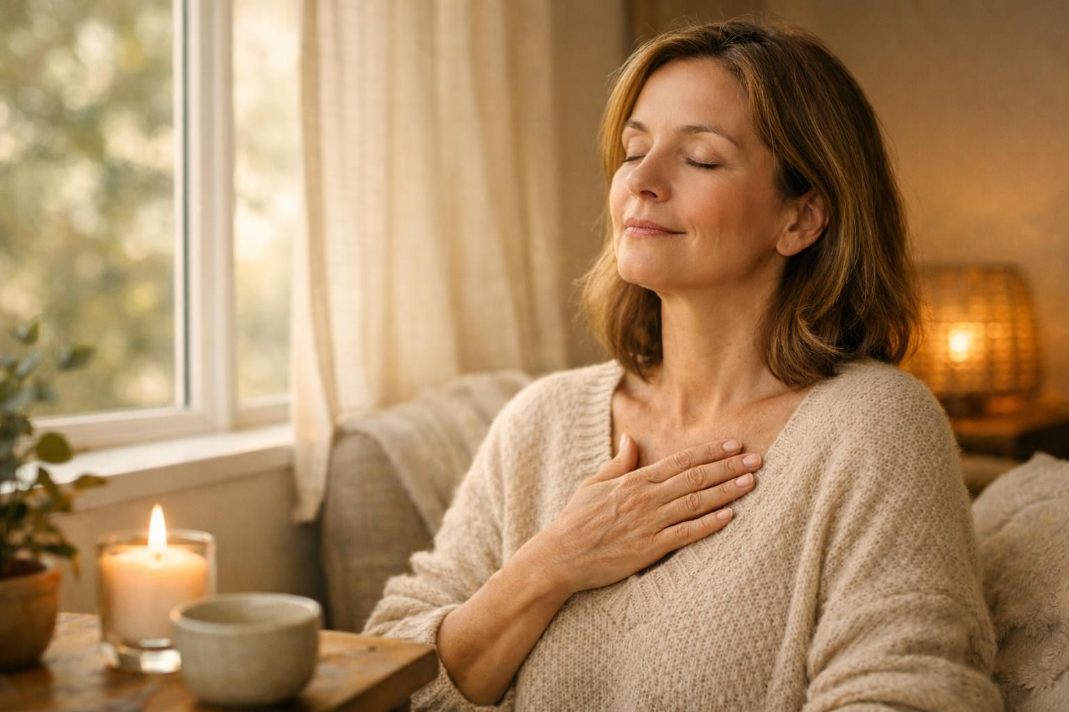 Adulte pratiquant un exercice de respiration et de relaxation près d'une fenêtre