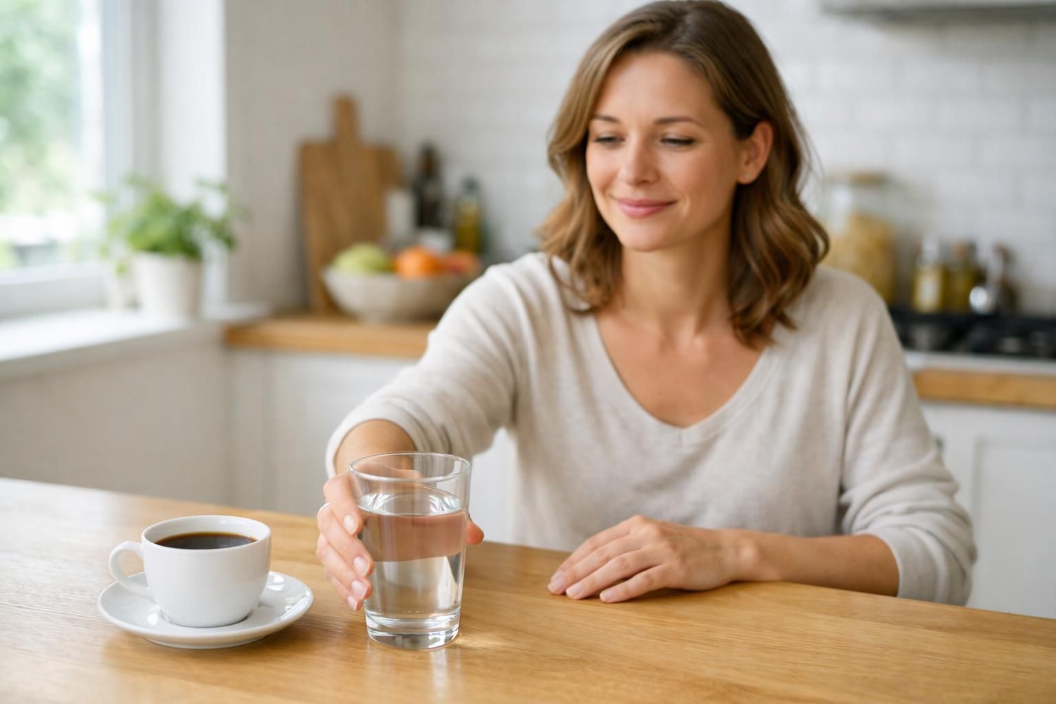 Femme choisissant un verre d'eau plutôt qu'un café dans une cuisine lumineuse
