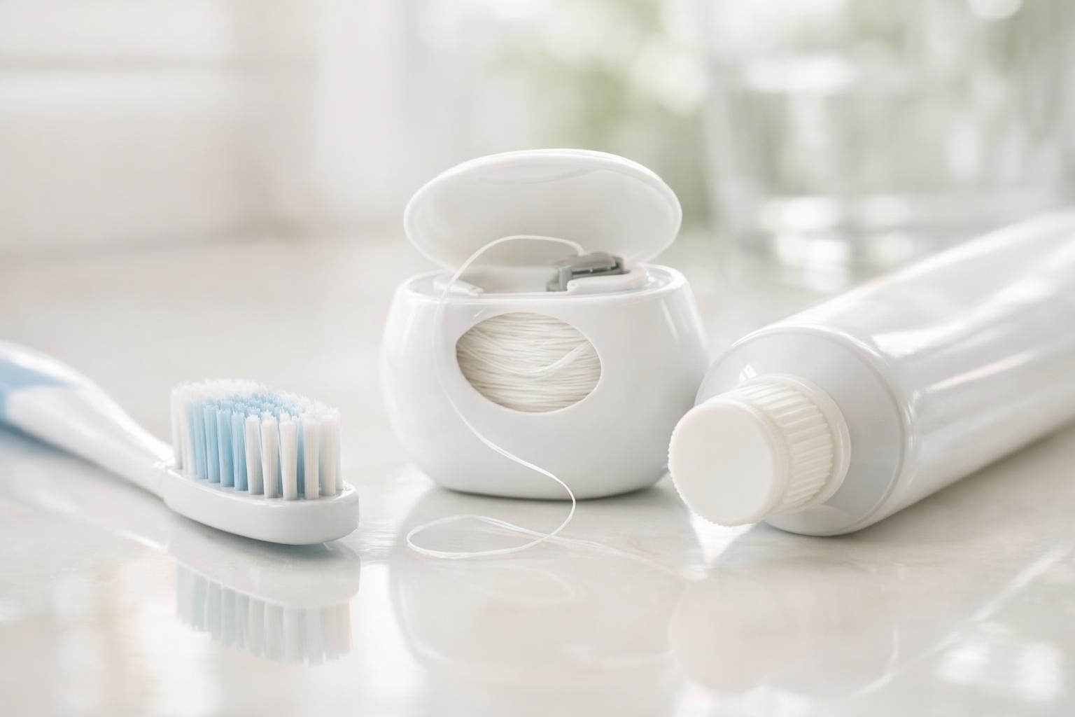Brosse à dents souple, fil dentaire et dentifrice au fluor sur une surface claire