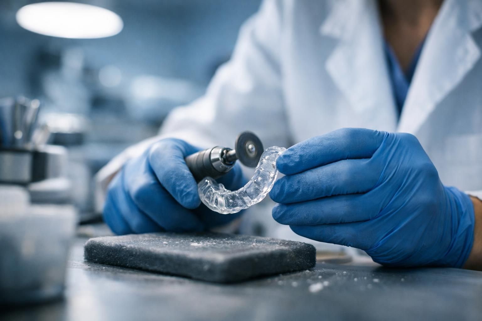 Prothésiste ganté fabriquant une gouttière dentaire au laboratoire