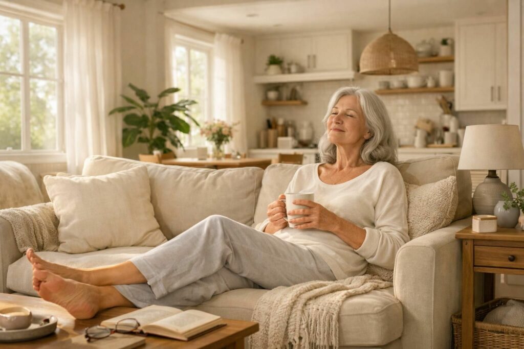 Femme senior sereine et reposee au reveil a son domicile