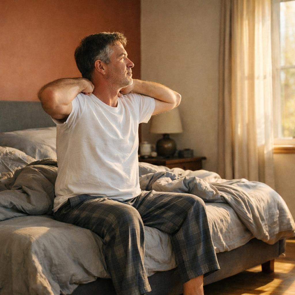 Homme au réveil détendu, moins de tensions à la mâchoire le matin