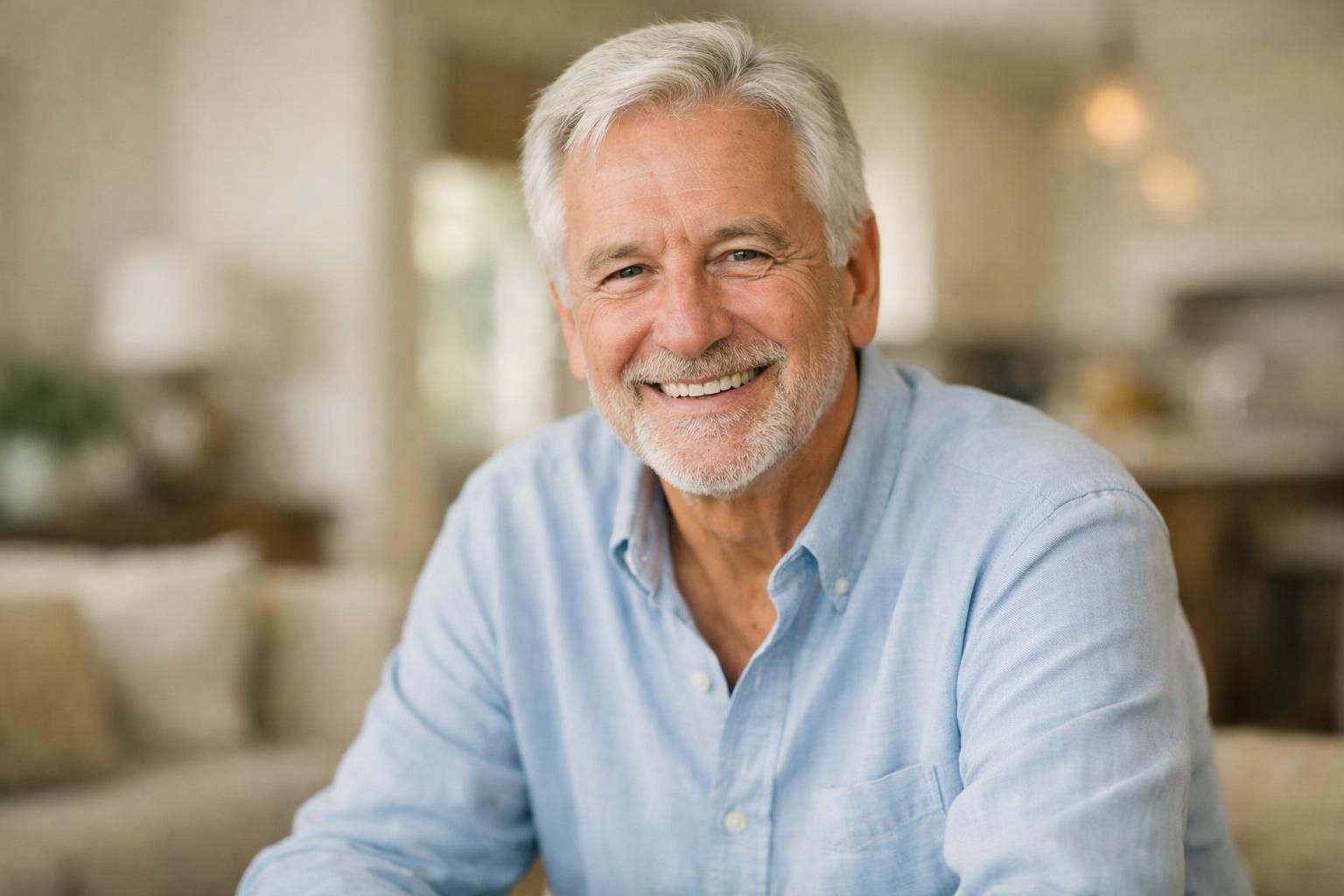Homme senior détendu souriant dans un intérieur clair et lumineux
