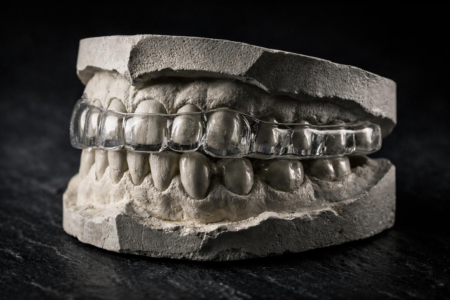 Gouttière occlusale transparente ajustée sur un modèle dentaire en plâtre
