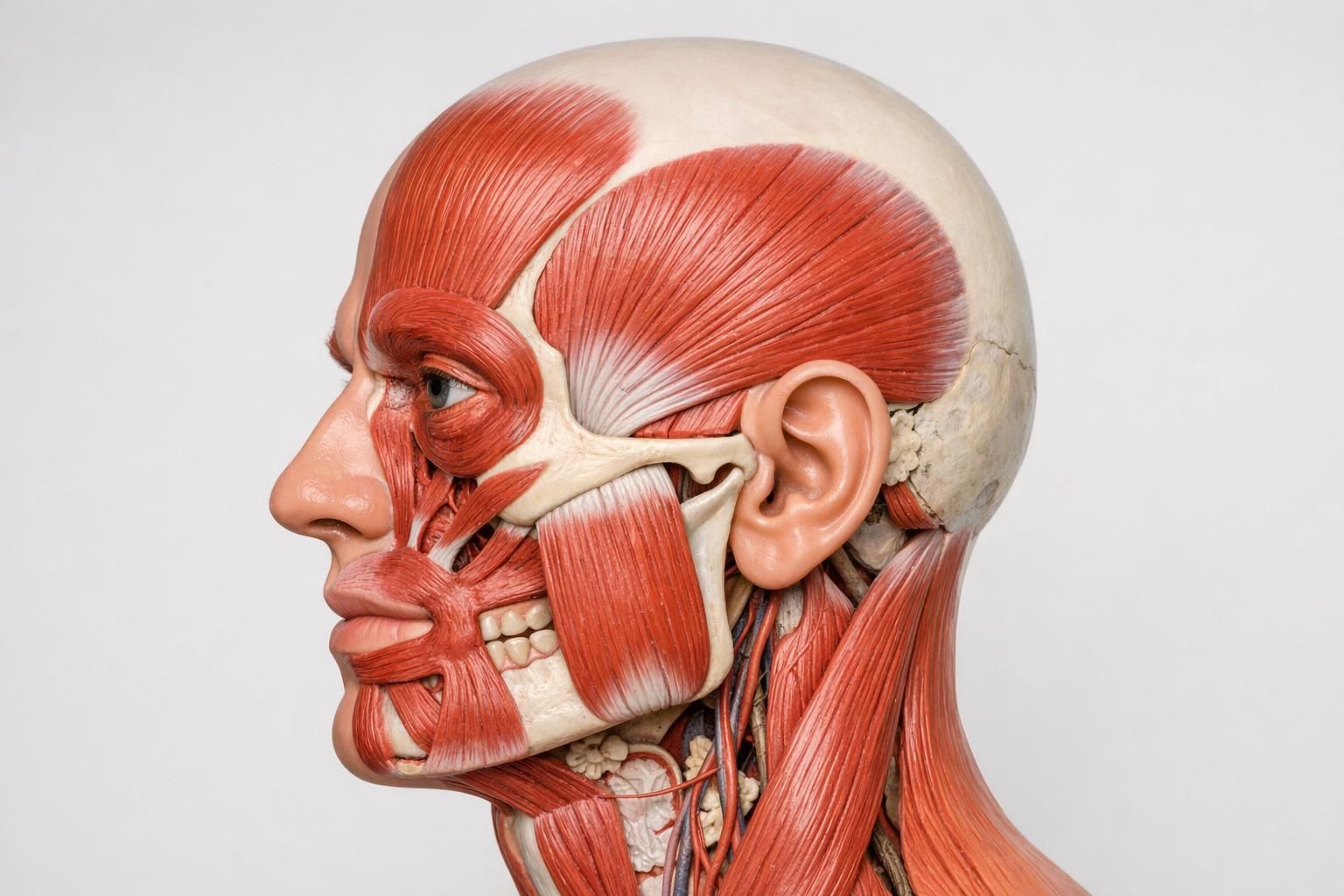Zones des muscles temporal et masséter de la mâchoire sollicités par le bruxisme