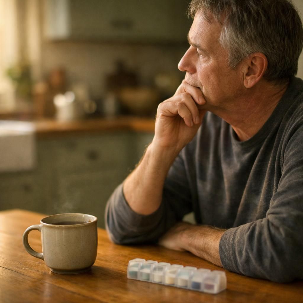 Homme senior pensif le matin, réflexion sur les médicaments contre le bruxisme