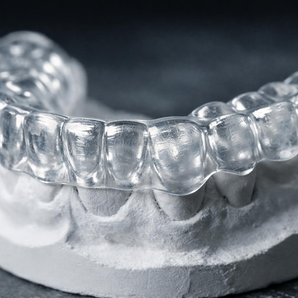 Gouttière occlusale transparente sur modèle en plâtre, détail des facettes d'usure
