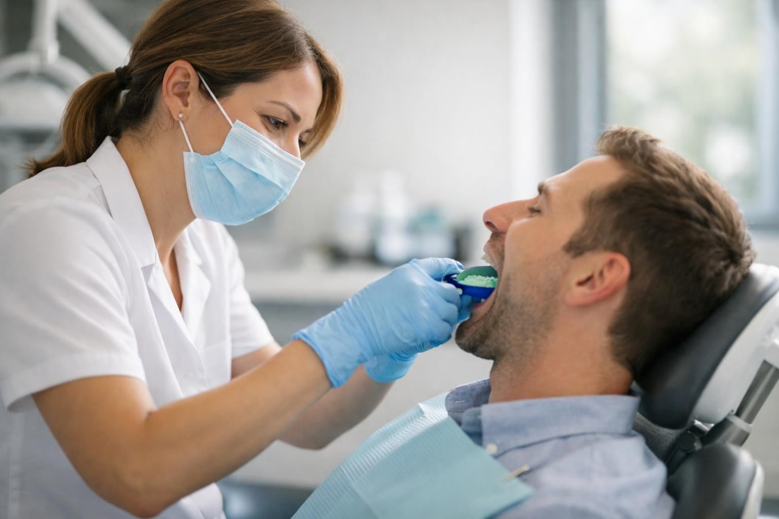 Dentiste réalisant une empreinte dentaire d'un patient au fauteuil