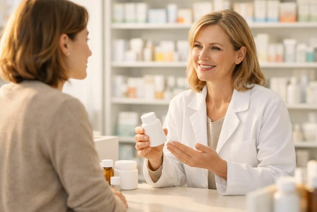 Cliente conseillée par un pharmacien au comptoir d'une pharmacie