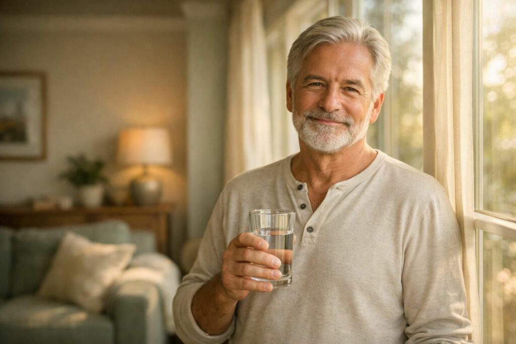 Homme senior souriant tenant un verre d'eau près d'une fenêtre lumineuse