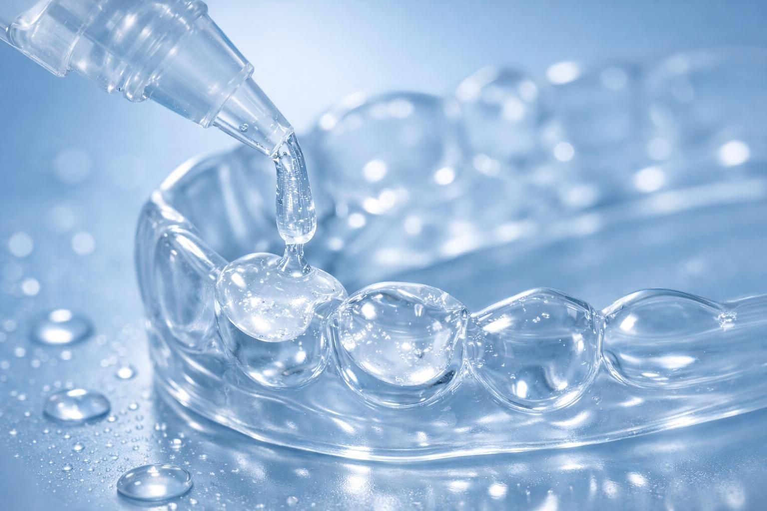 Gel de blanchiment translucide appliqué sur une gouttière dentaire transparente