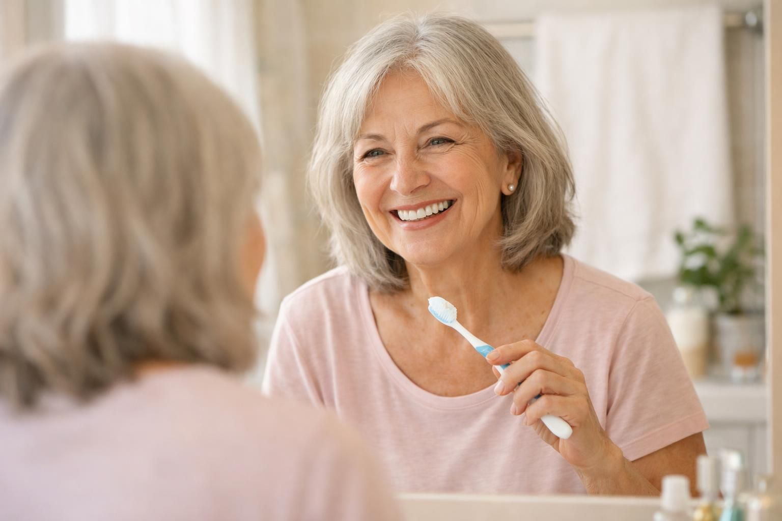 Femme senior souriante se regardant dans le miroir de sa salle de bain
