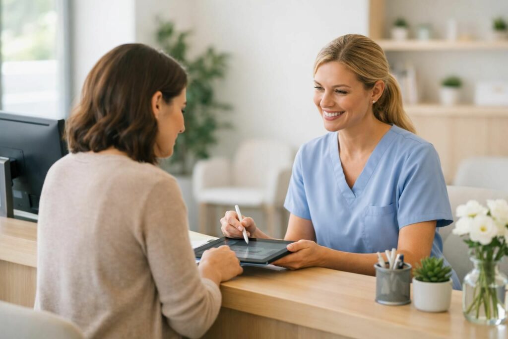 Patient prenant rendez-vous à l'accueil d'un cabinet de santé