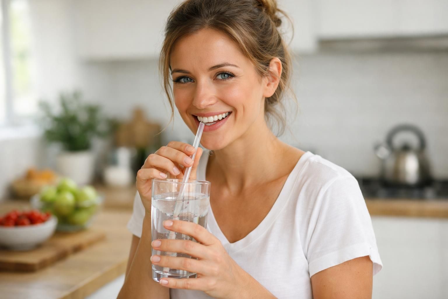 Femme buvant de l'eau à la paille dans une cuisine lumineuse