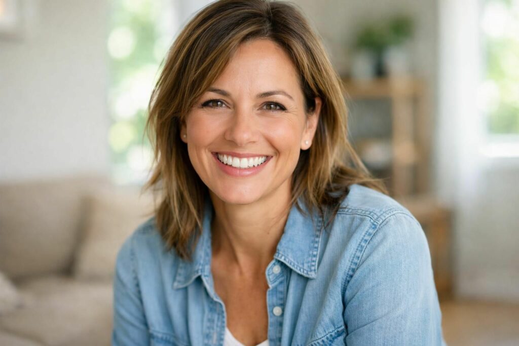 Femme souriante aux dents saines, ambiance rassurante à la lumière naturelle