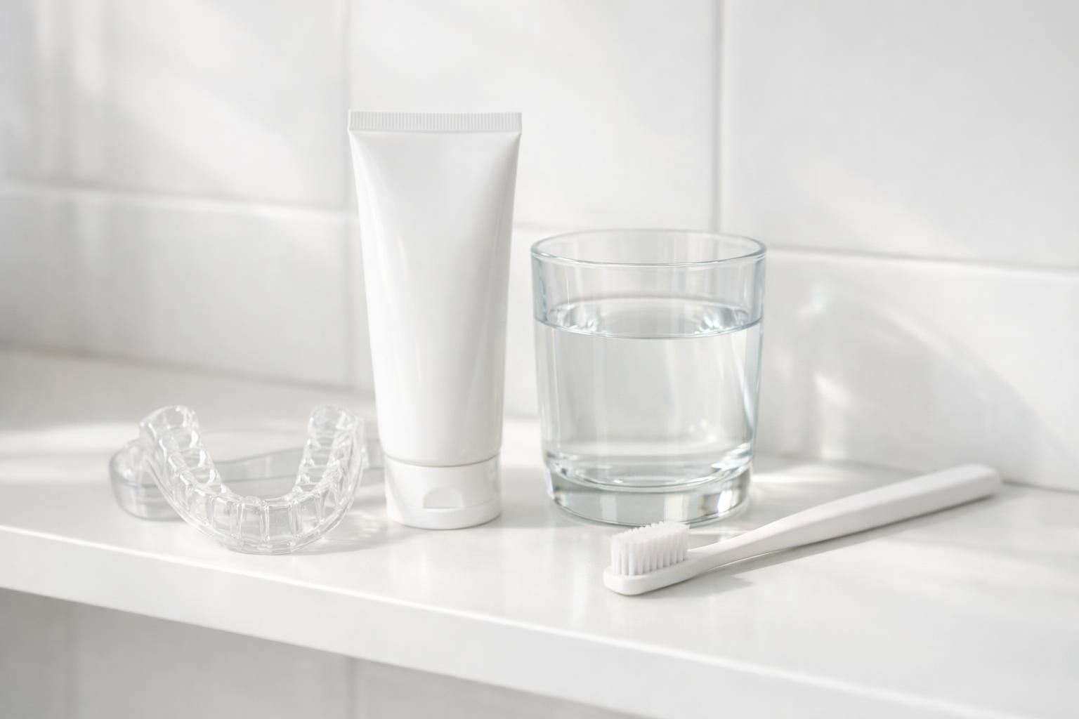 Gouttière de blanchiment, dentifrice et verre d'eau sur une étagère de salle de bain