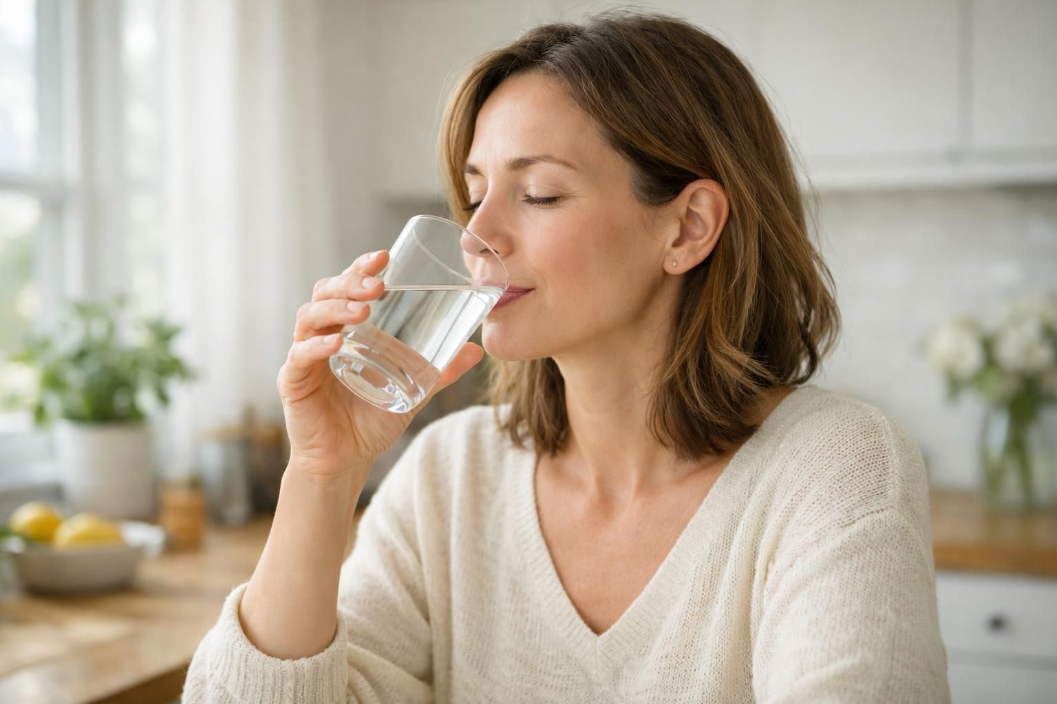 Femme buvant calmement un verre d'eau tiède dans une cuisine lumineuse