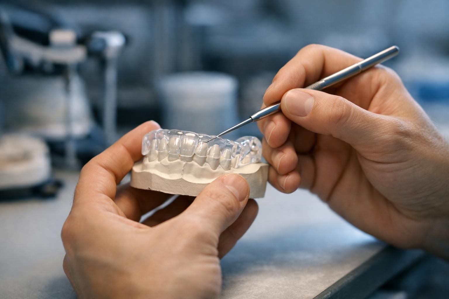 Prothésiste vérifiant l'ajustement d'une gouttière dentaire sur mesure