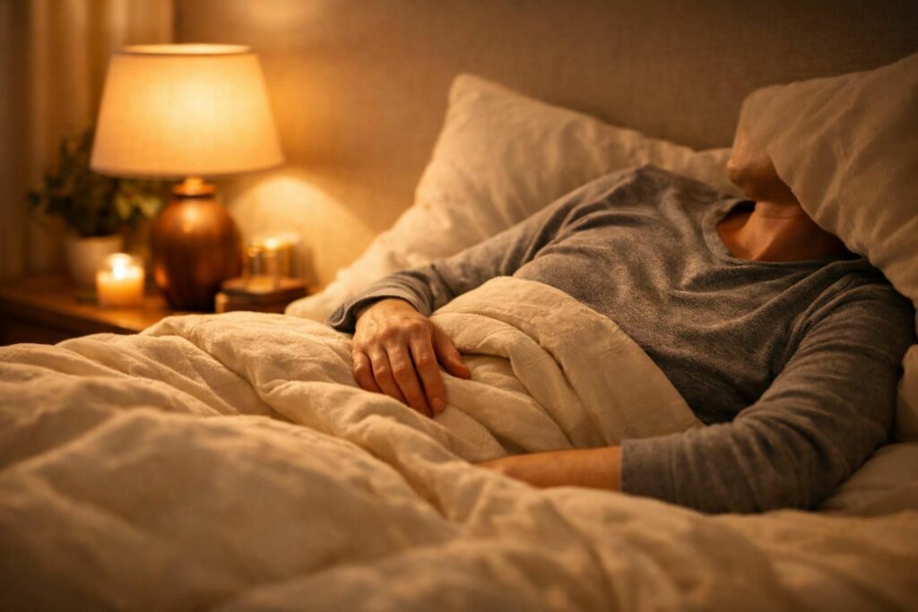 Personne installée confortablement dans son lit le soir, détendue