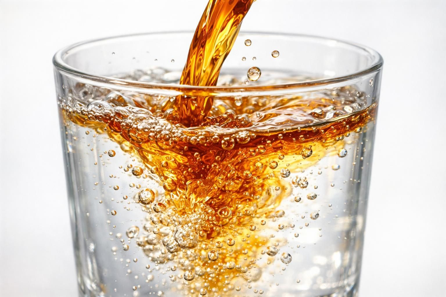 Vinaigre de cidre ambré versé et dilué dans un verre d'eau
