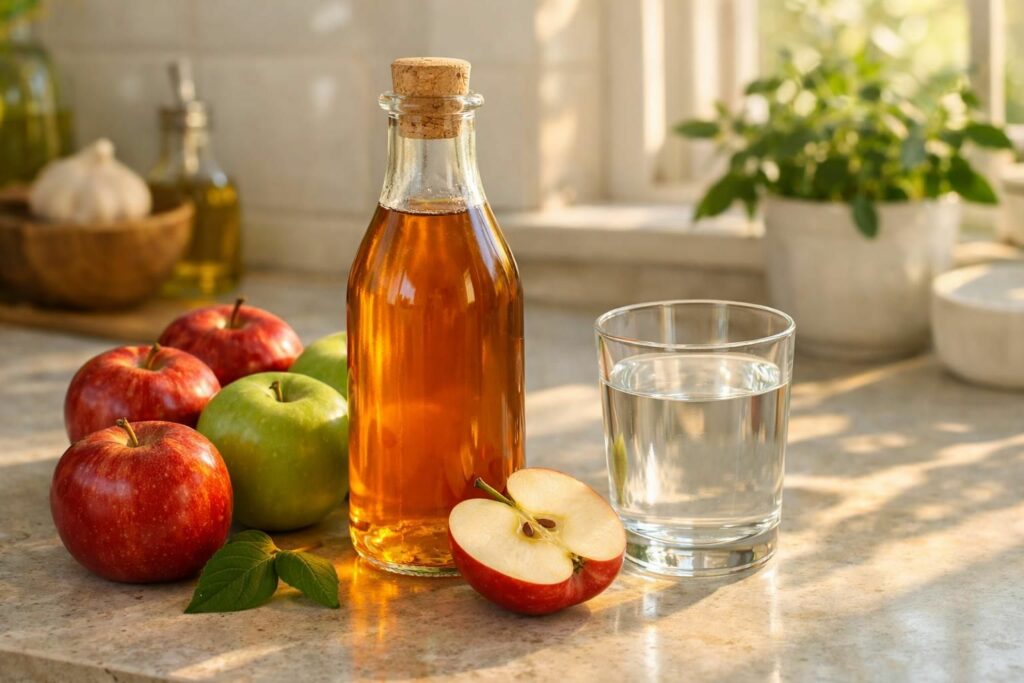 Bouteille de vinaigre de cidre ambré et pommes fraîches sur un plan de cuisine
