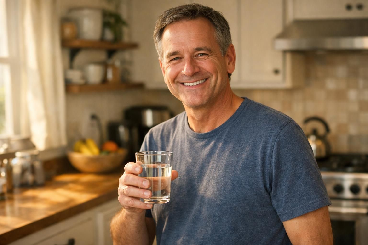 Homme souriant dans sa cuisine tenant un verre d'eau le matin