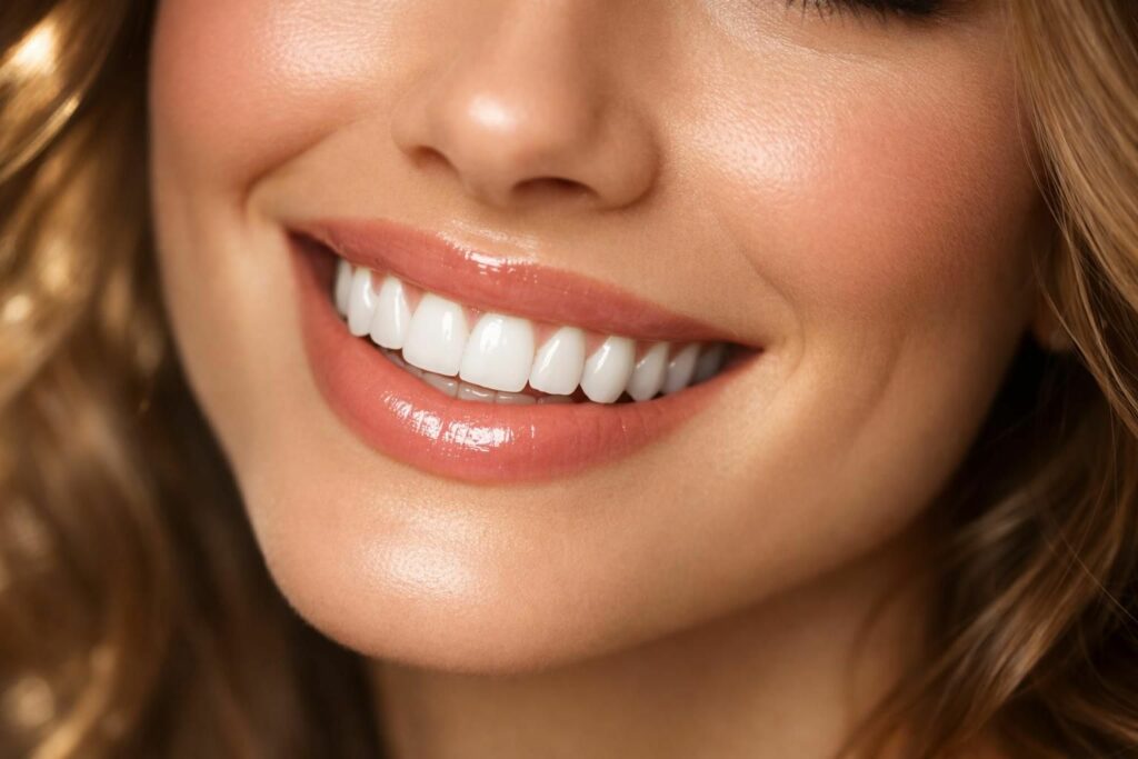 Sourire éclatant et très blanc évoquant le blanchiment dentaire américain