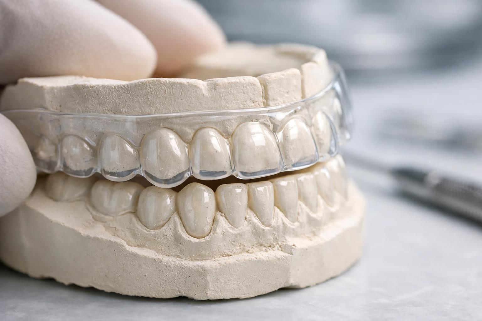 Prise d'empreinte dentaire au laboratoire pour fabriquer des gouttières de blanchiment sur mesure
