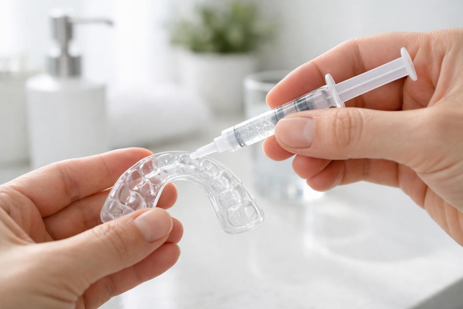 Application du gel de blanchiment à domicile dans une gouttière sur mesure
