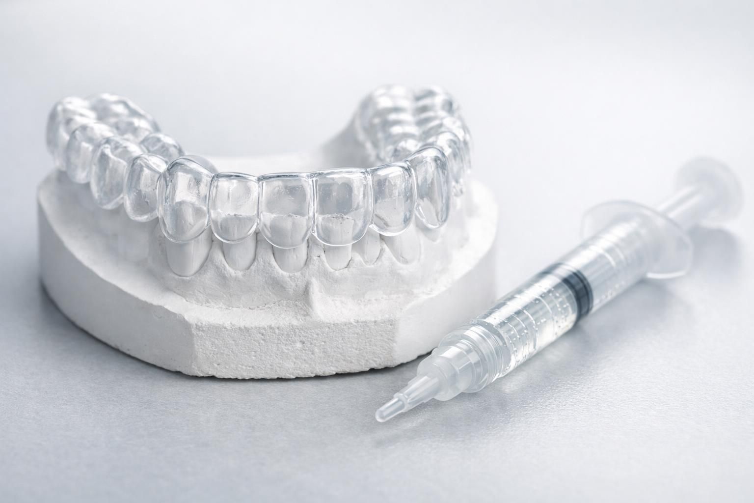 Gouttière de blanchiment transparente sur mesure et seringue de gel au peroxyde de carbamide