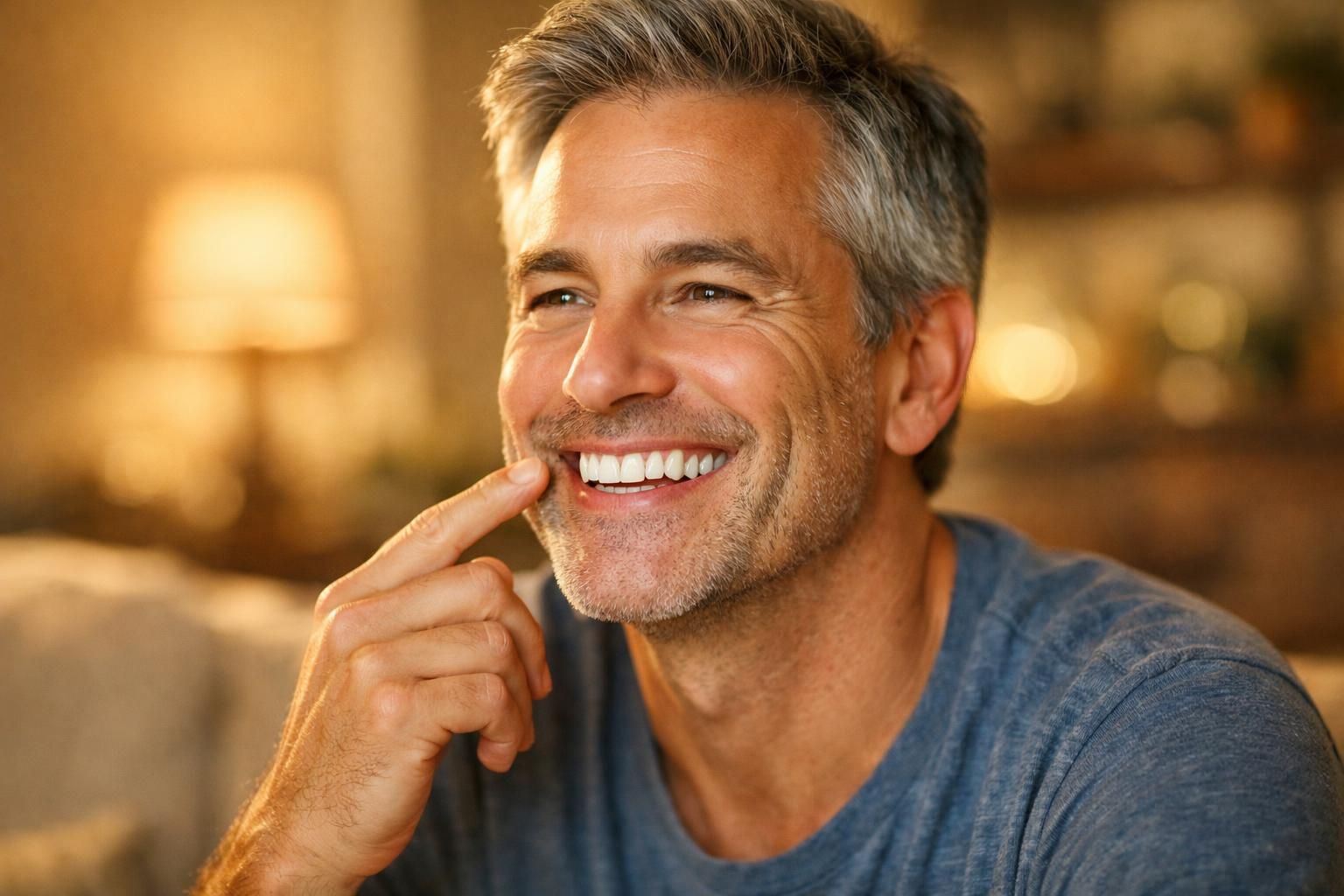 Adulte souriant observant ses dents blanches après un blanchiment avec gouttière