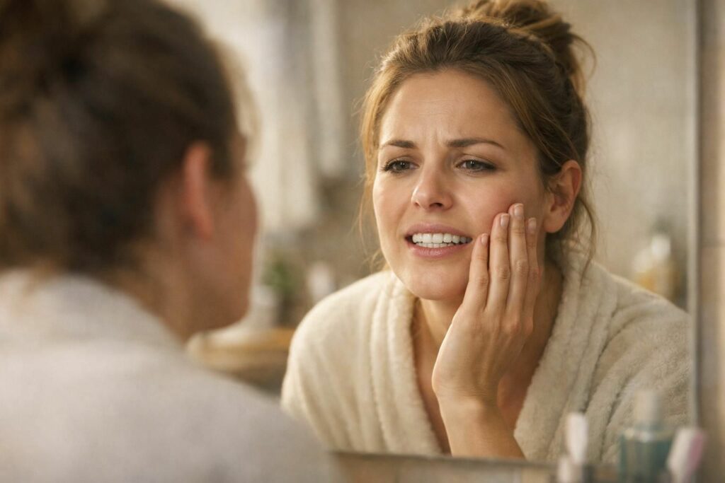 Femme observant ses dents dans le miroir, déçue que son blanchiment ne fonctionne pas