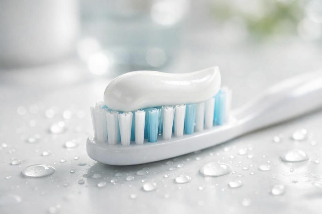 Brosse à dents avec dentifrice blanchissant sur un plan de salle de bain