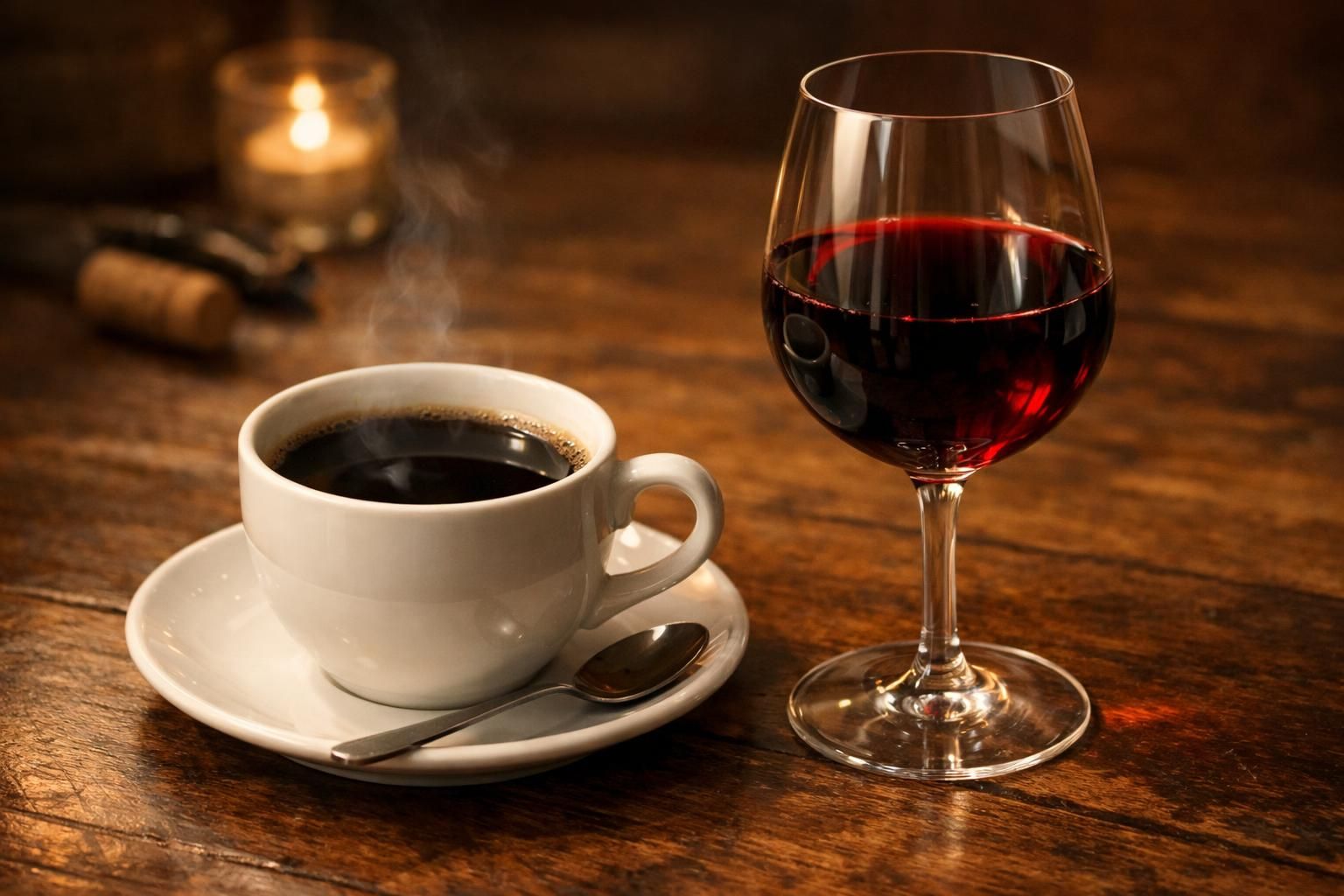Tasse de café et verre de vin rouge, boissons qui raccourcissent la durée du blanchiment