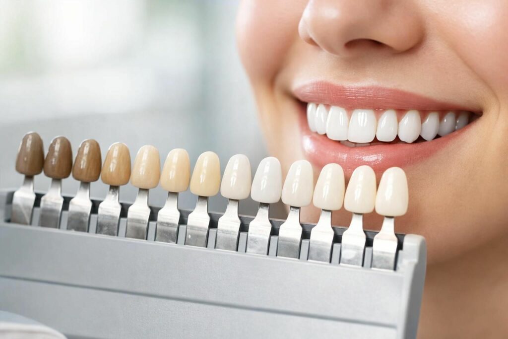 Éclaircissement dentaire : teintier montrant la progression vers des dents plus claires