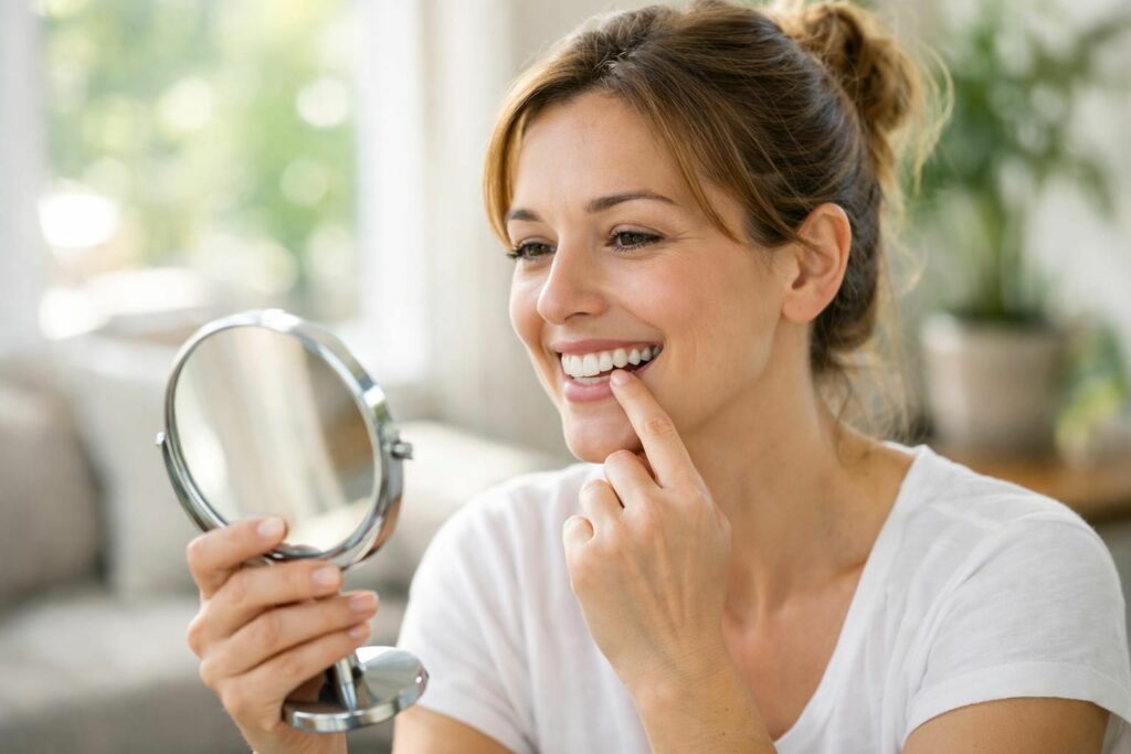 Femme examinant son sourire dans un miroir avant de refaire un blanchiment