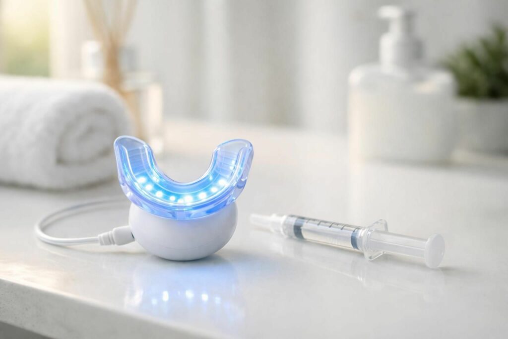 Kit de blanchiment dentaire LED posé sur un plan de salle de bain