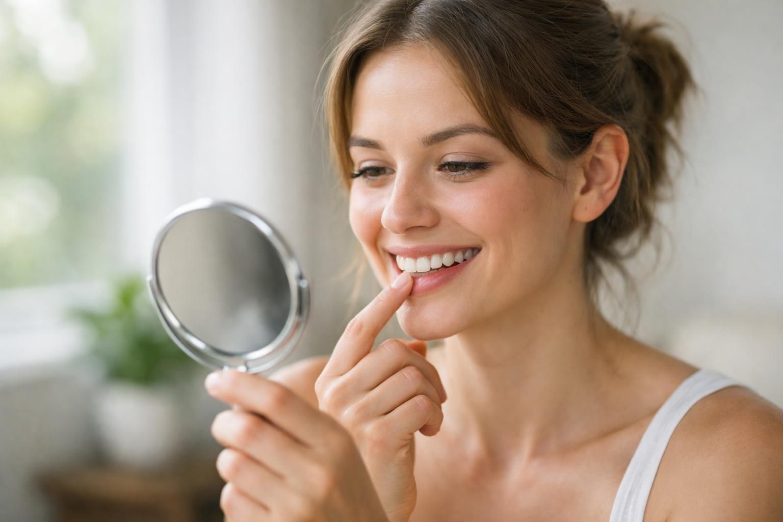 Personne vérifiant ses dents blanches après un kit de blanchiment à domicile