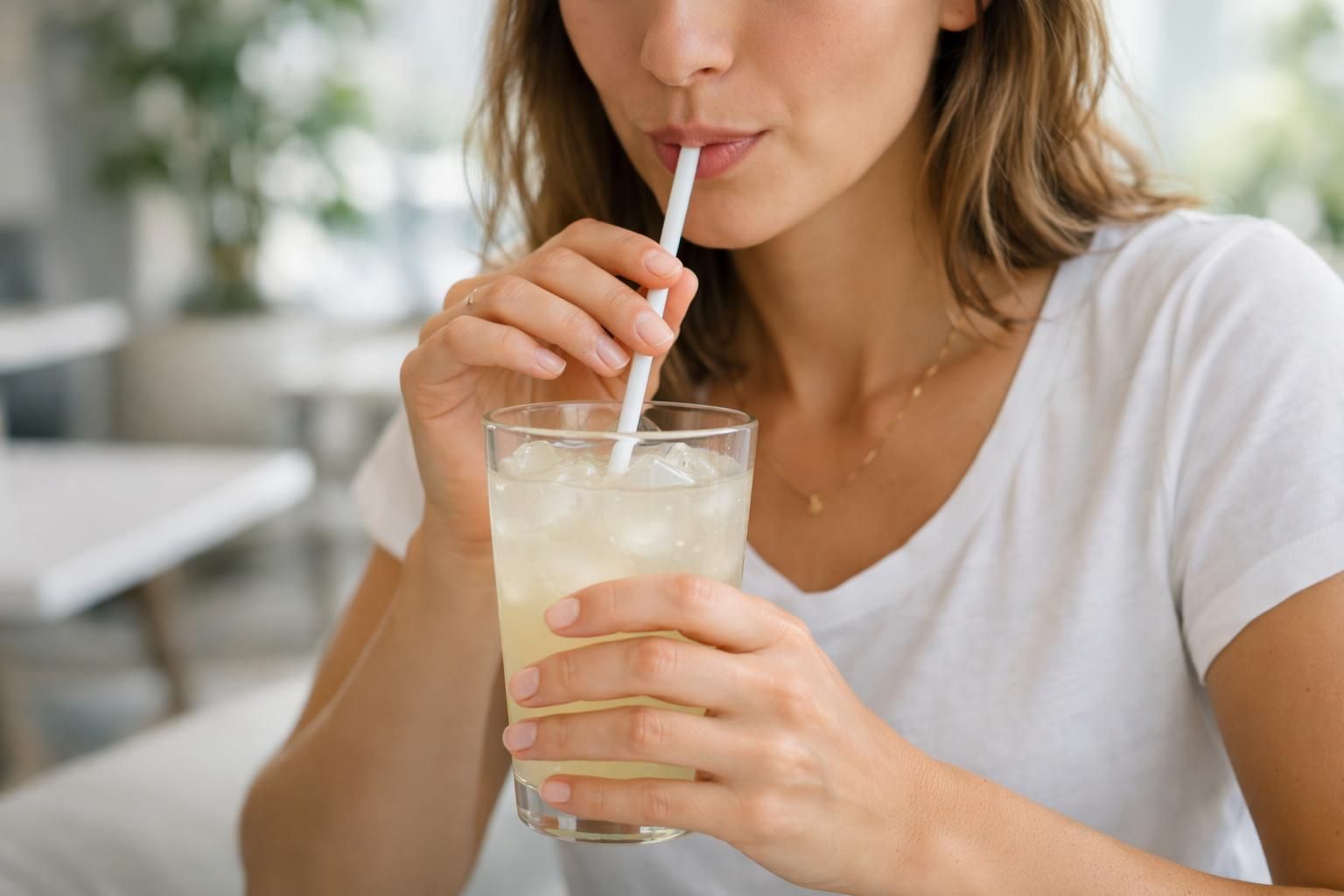 Personne buvant une boisson à la paille après un blanchiment des dents