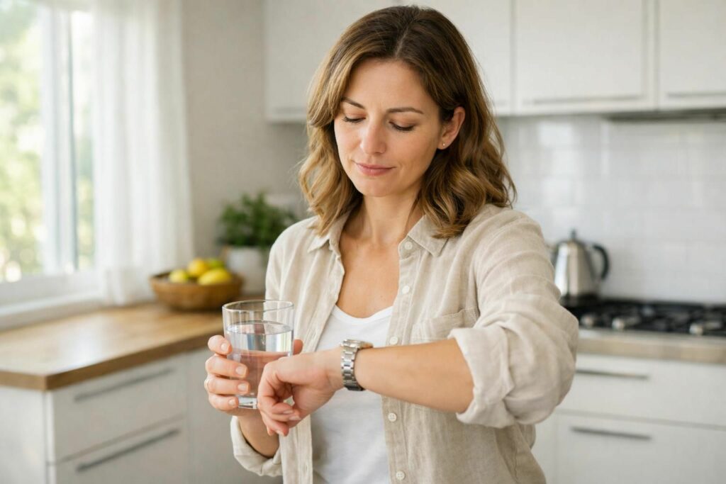 Femme regardant sa montre en tenant un verre d'eau avant de manger