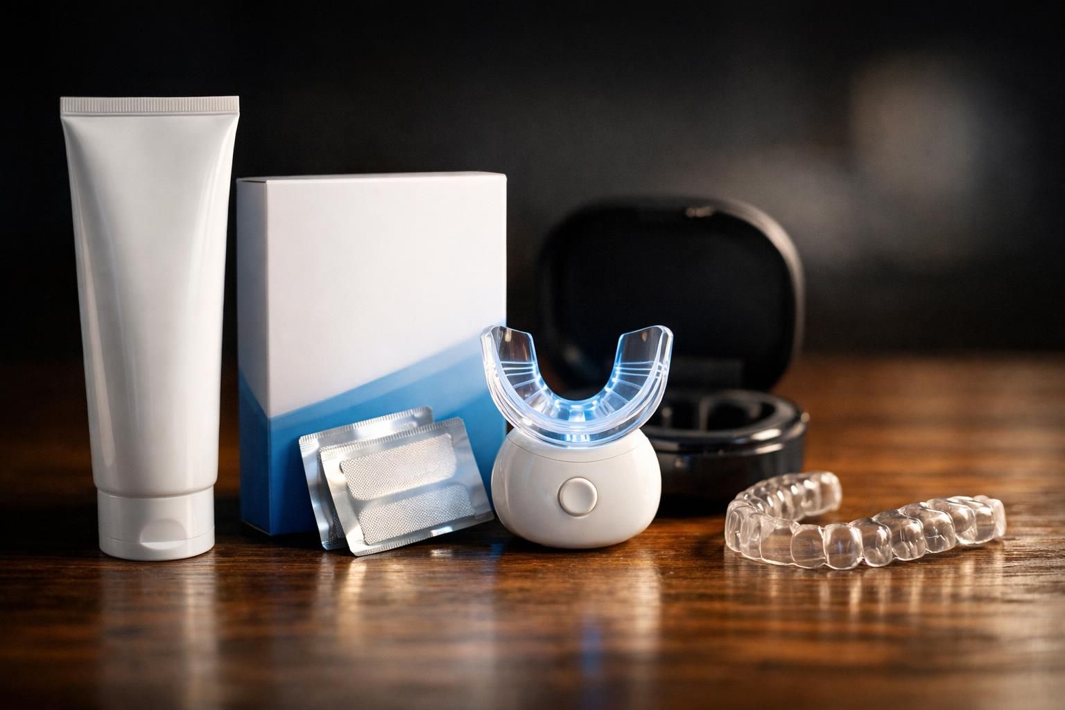 Comparaison des différents produits pour blanchir les dents sur une table
