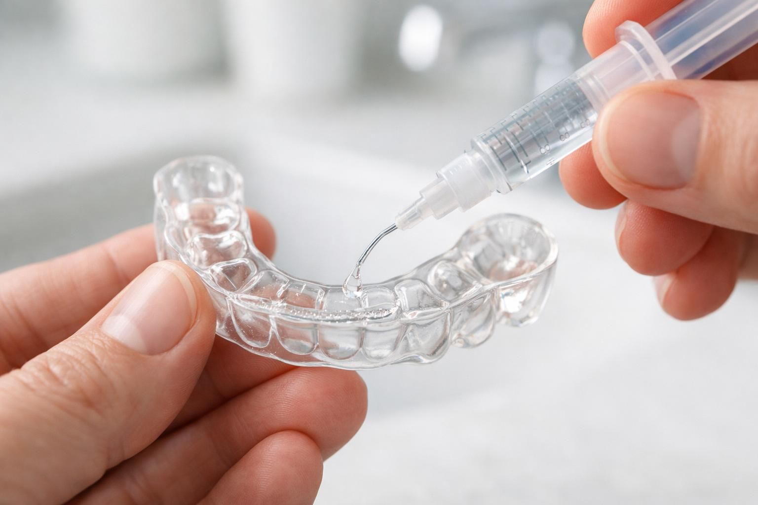 Application d'une goutte de gel blanchissant dans une gouttière de blanchiment sur mesure
