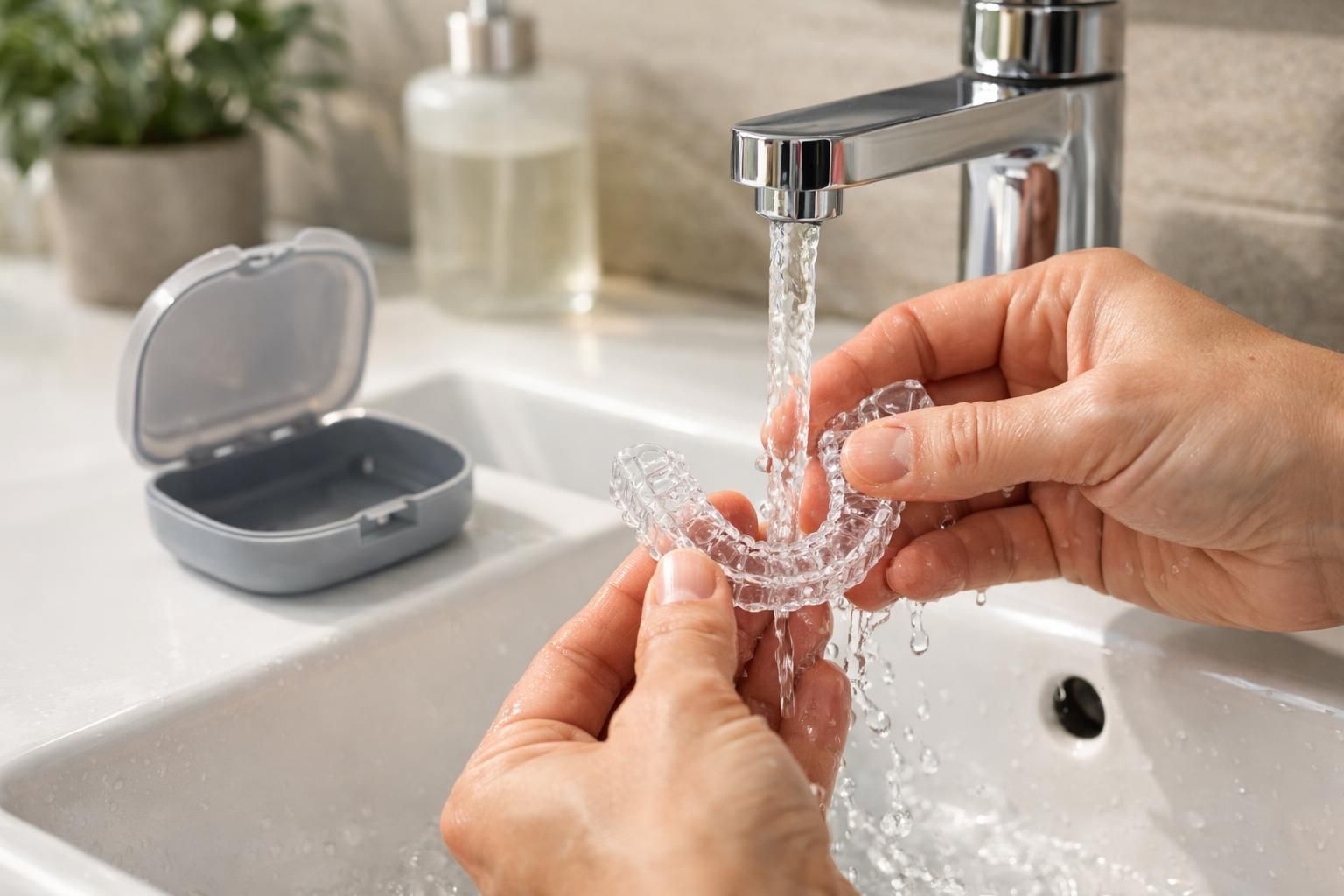 Gouttière de blanchiment rincée à l'eau froide et rangée dans son boîtier