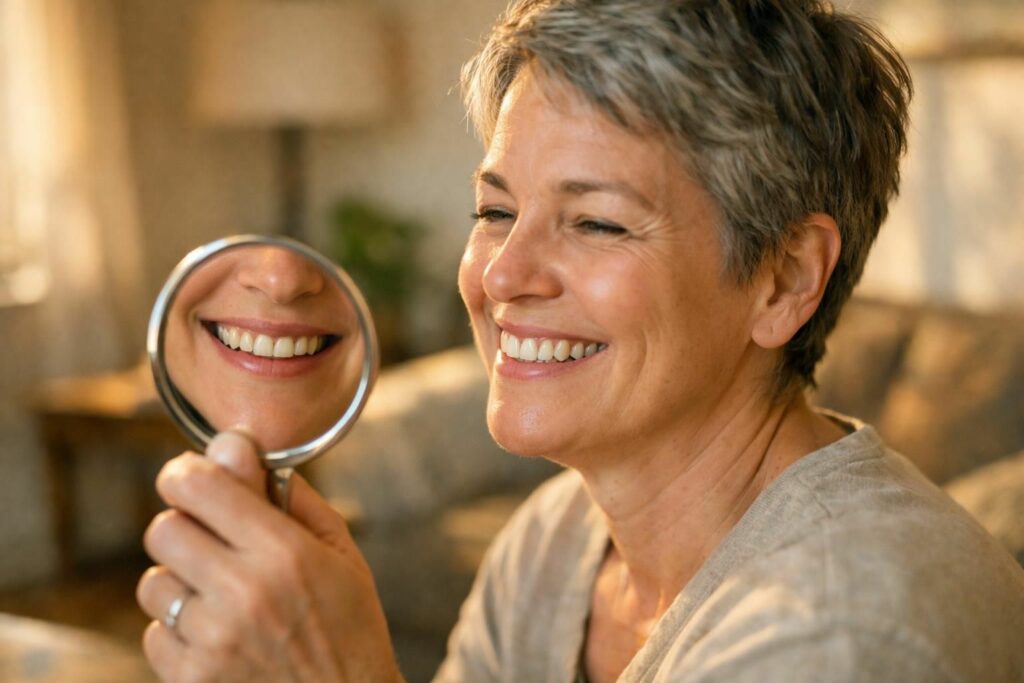 Personne vérifiant son sourire dans un miroir après un blanchiment