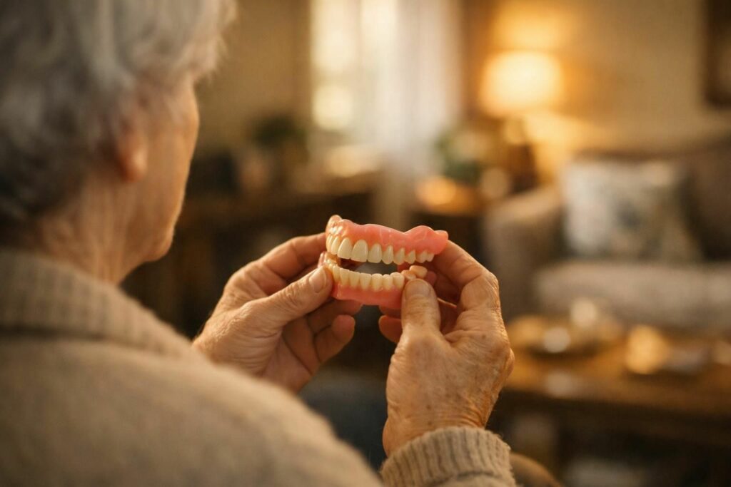 Senior pensif tenant sa prothèse dentaire amovible à la maison