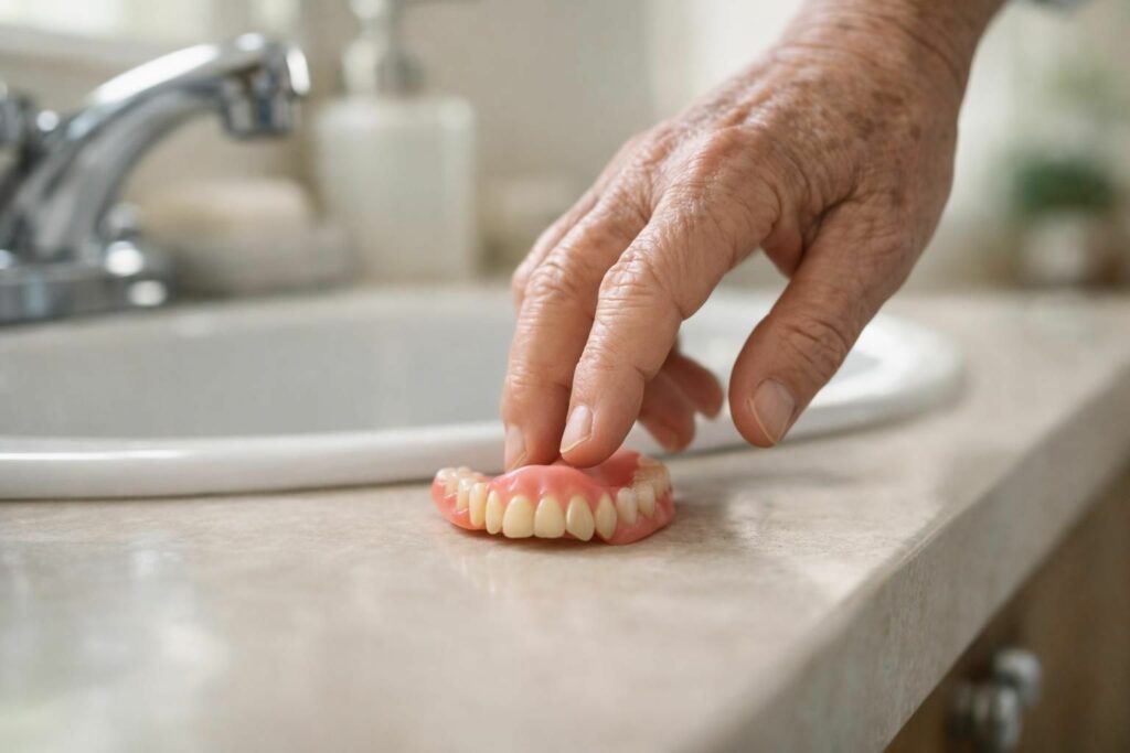 Senior ramassant sa prothèse dentaire tombée près du lavabo
