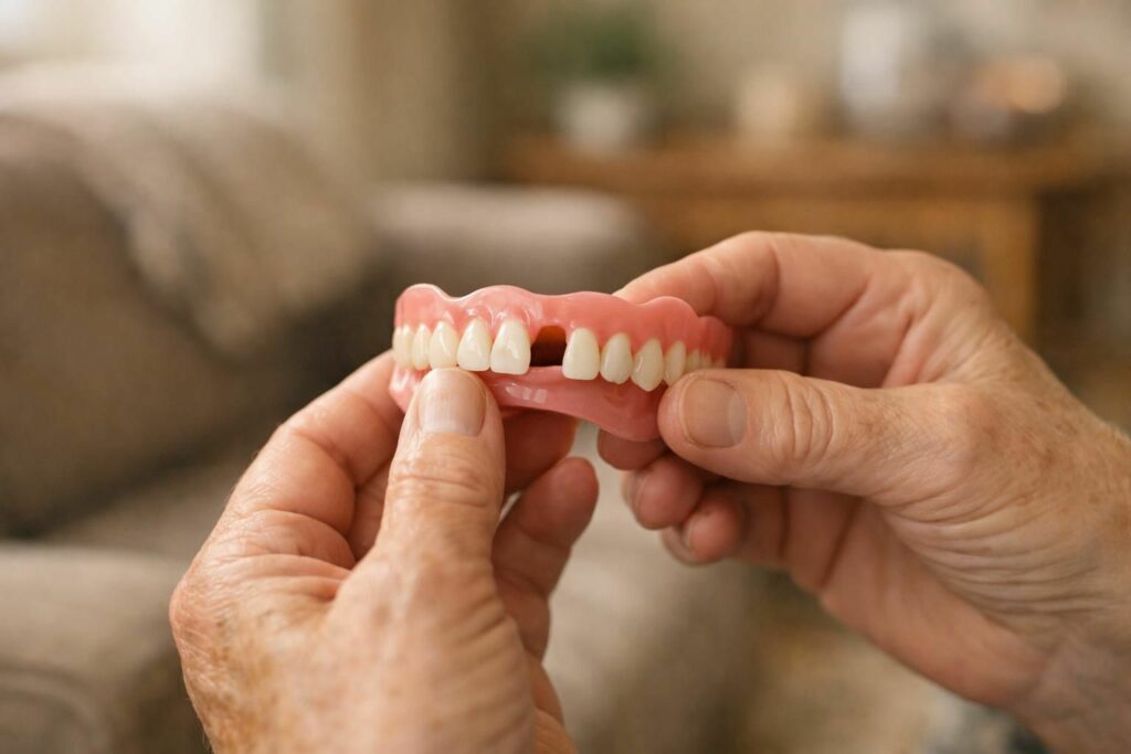 Senior tenant une prothèse amovible à laquelle il manque une dent