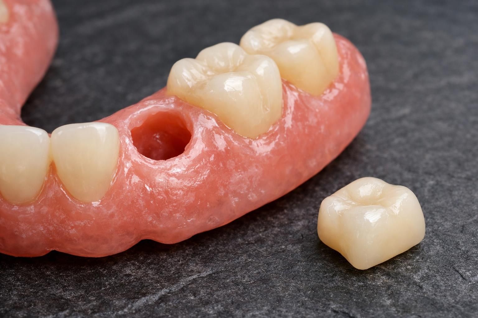 Prothèse dentaire amovible à laquelle une dent en résine s'est détachée